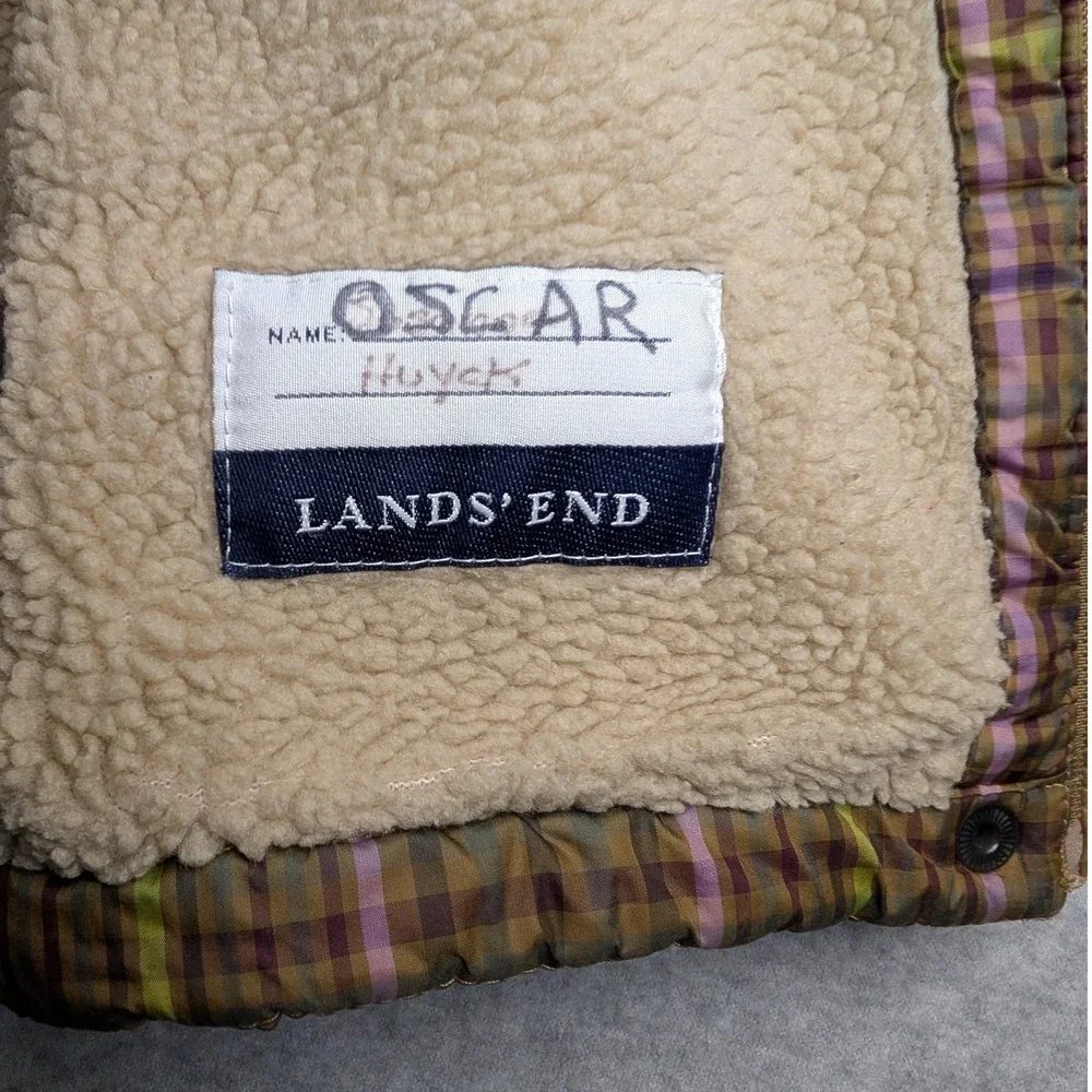 Lands End Kids Plaid Sherpa Lined Quilted Hooded Jacket Olive Green Brown 3T